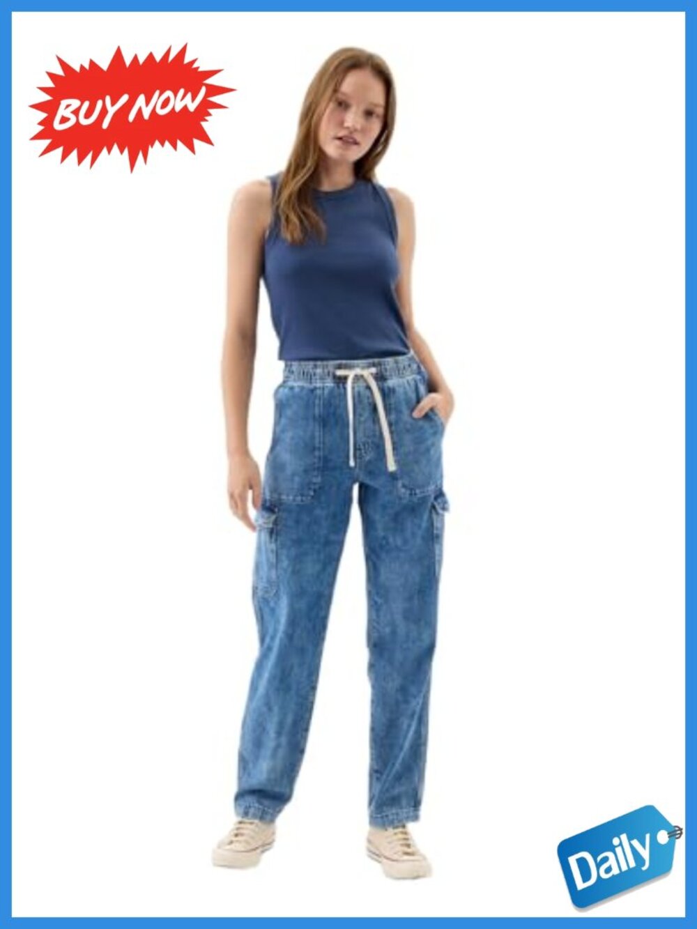GAP Easy Pant Denim Cargo Pull On Mid Rise Straight Leg Utility Pants